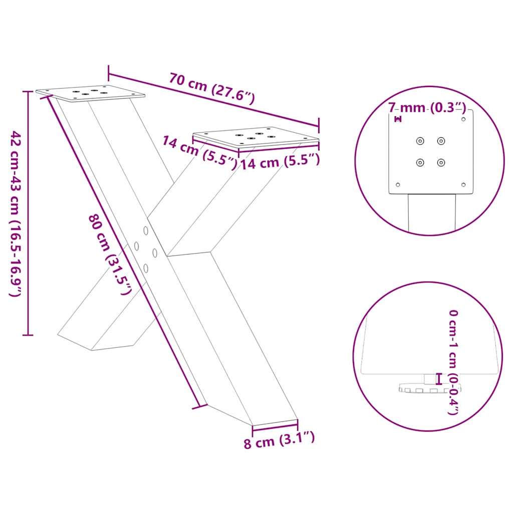 Salontafelpoten 2 st X-vormig 70x(42-43) cm staal wit