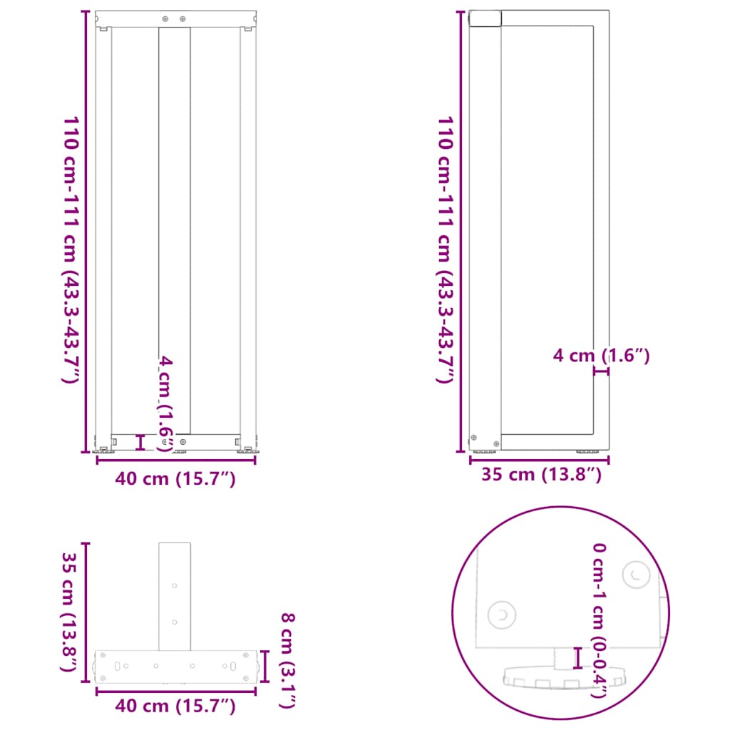 Bartafelpoten 2 st T-vormig 40x35x(111-112) cm staal wit