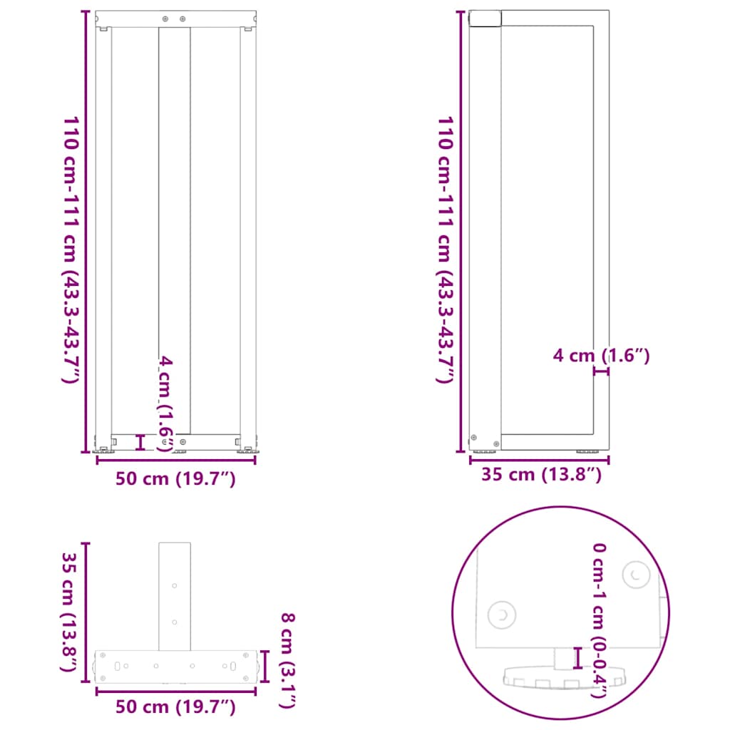 Bartafelpoten 2 st T-vormig 50x35x(111-112) cm staal wit