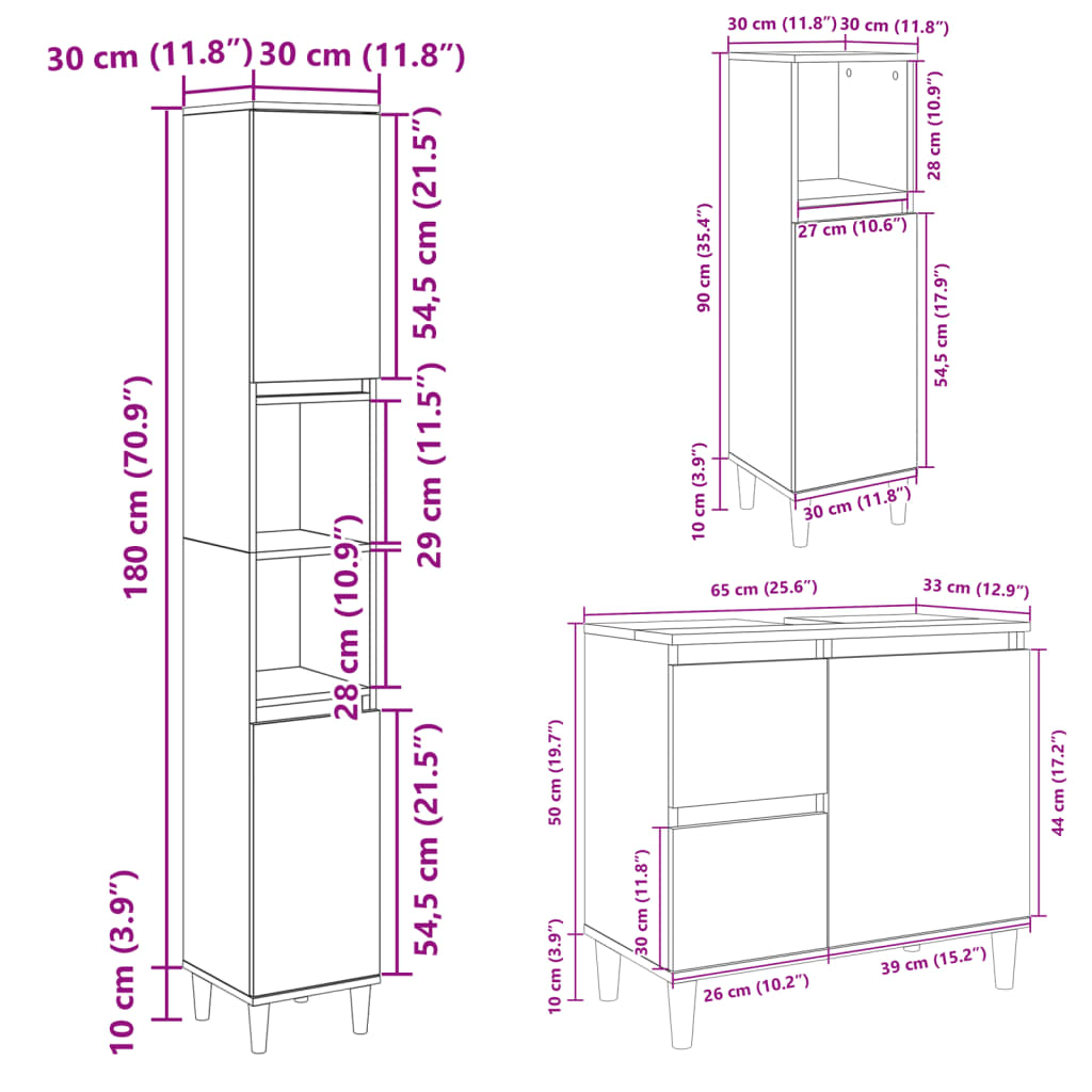3-delige Badkamermeubelset bewerkt hout sonoma eikenkleurig