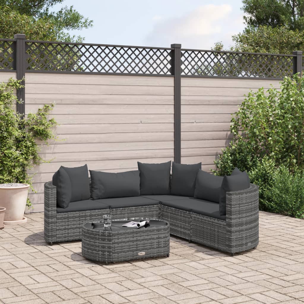 6-delige Loungeset met kussens poly rattan grijs