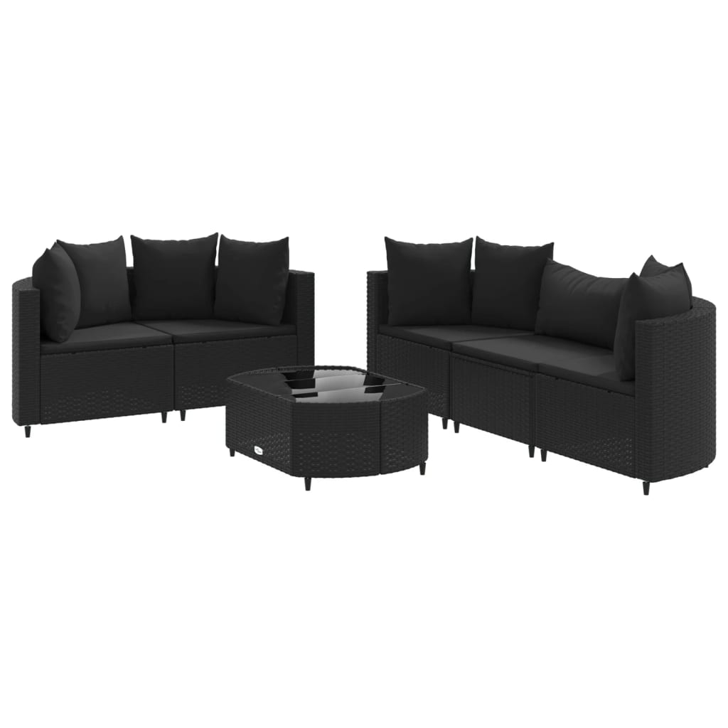 6-delige Loungeset met kussens poly rattan zwart