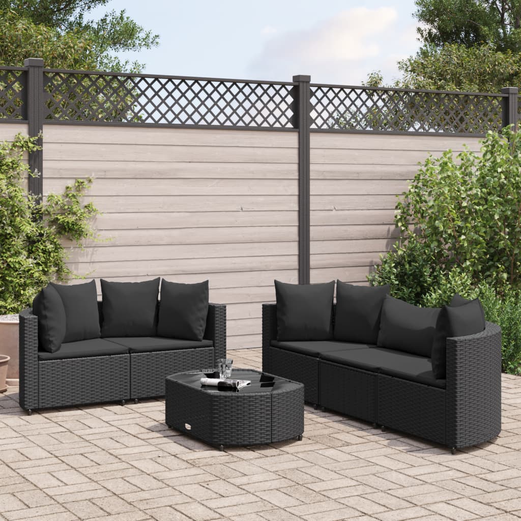 6-delige Loungeset met kussens poly rattan zwart