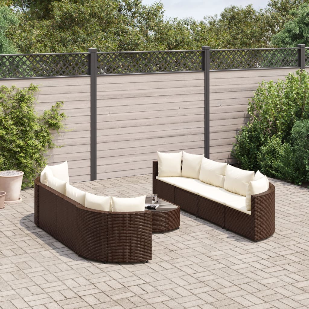 9-delige Loungeset met kussens poly rattan bruin