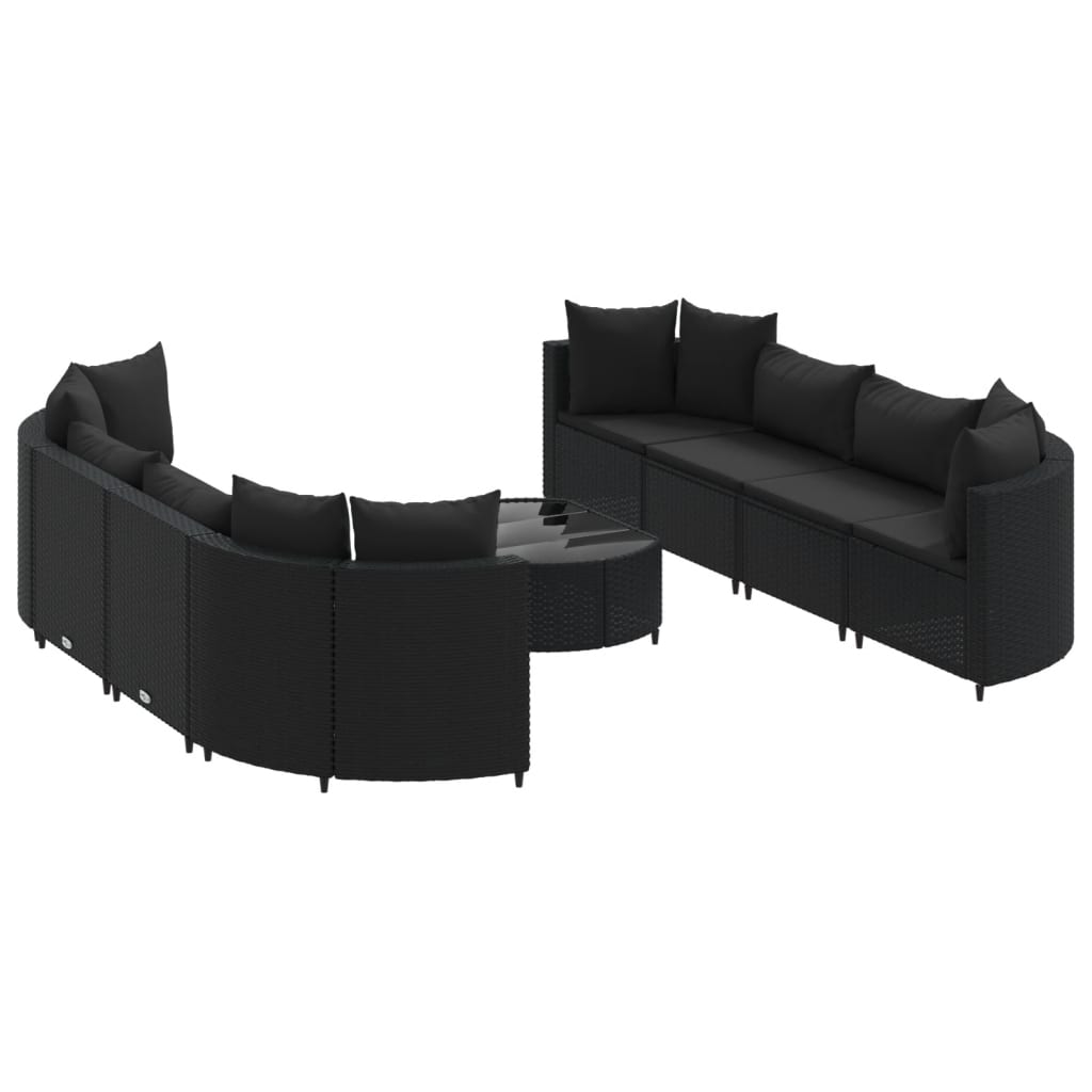 9-delige Loungeset met kussens poly rattan zwart