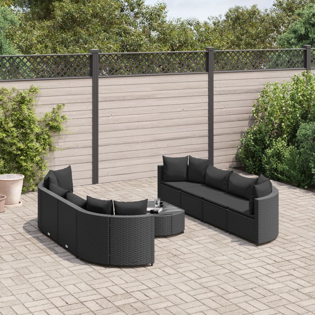 9-delige Loungeset met kussens poly rattan zwart