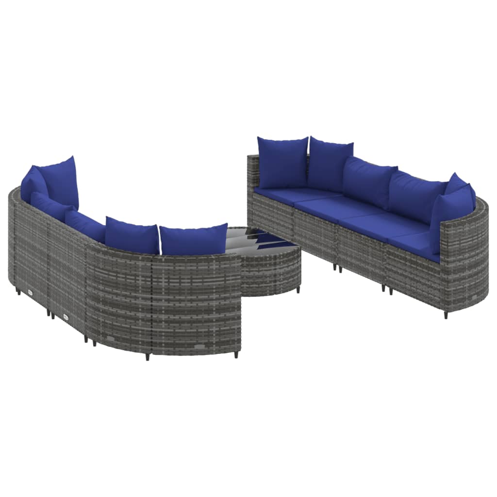 9-delige Loungeset met kussens poly rattan grijs