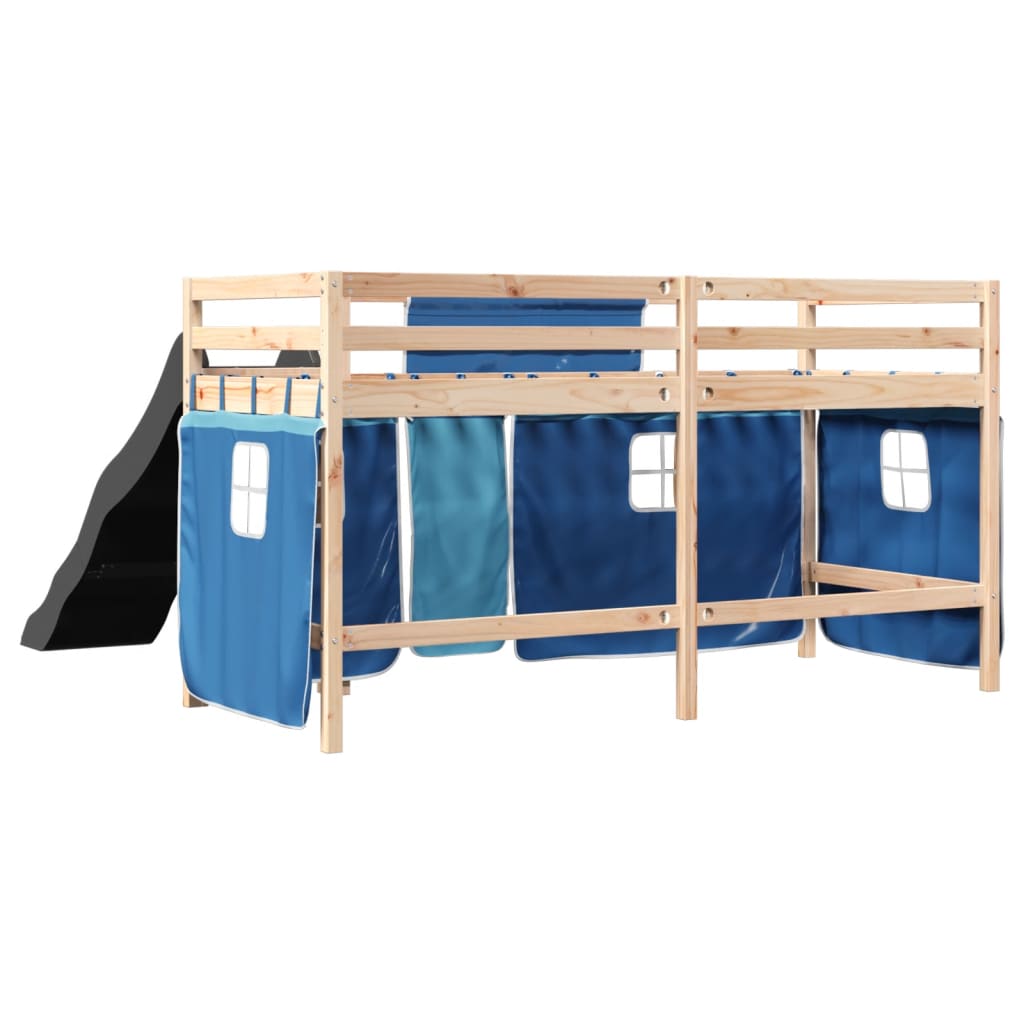 Kinderhoogslaper met gordijnen 90x200 cm grenenhout blauw