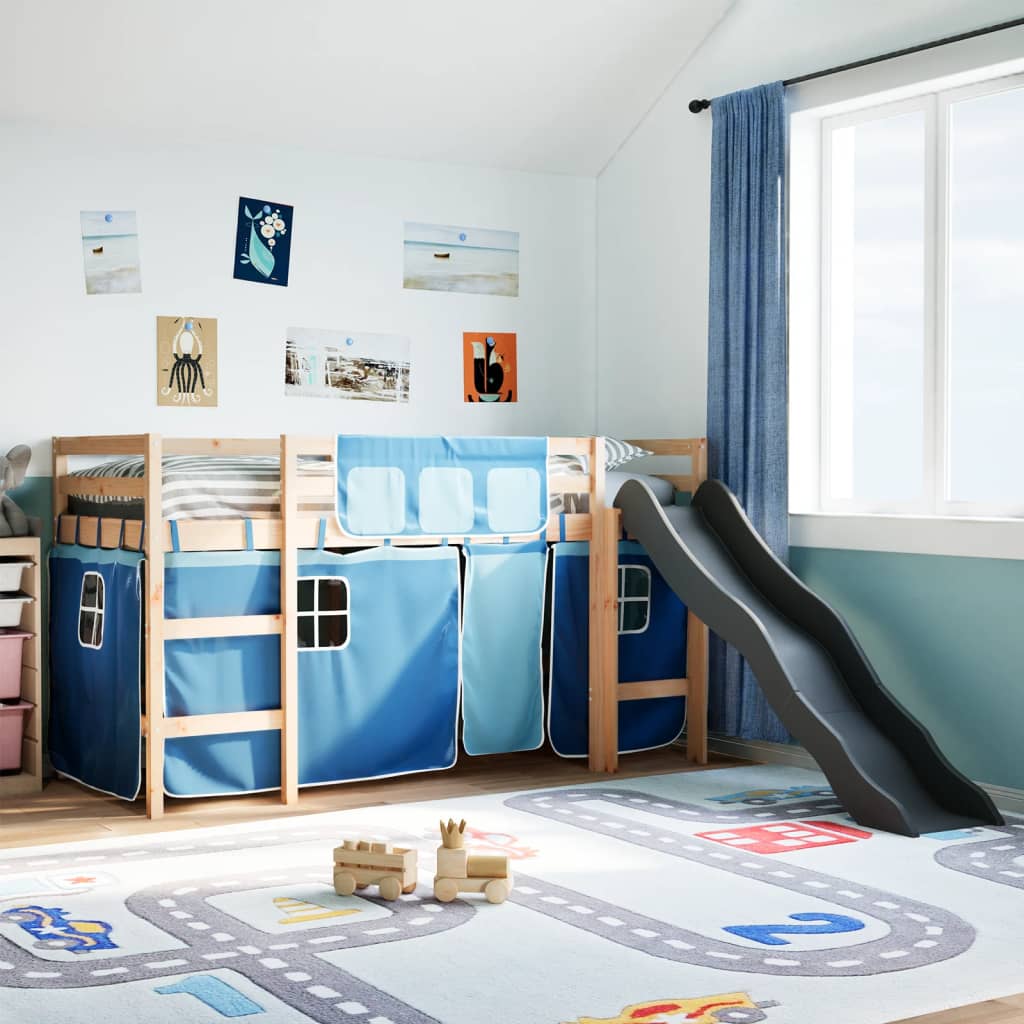 Kinderhoogslaper met gordijnen 90x200 cm grenenhout blauw