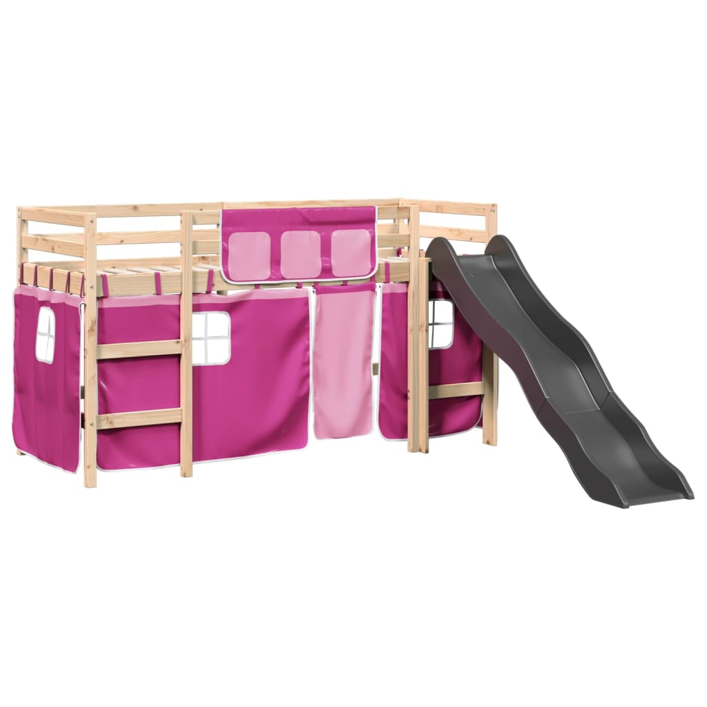 Kinderhoogslaper met gordijnen 90x200 cm grenenhout roze