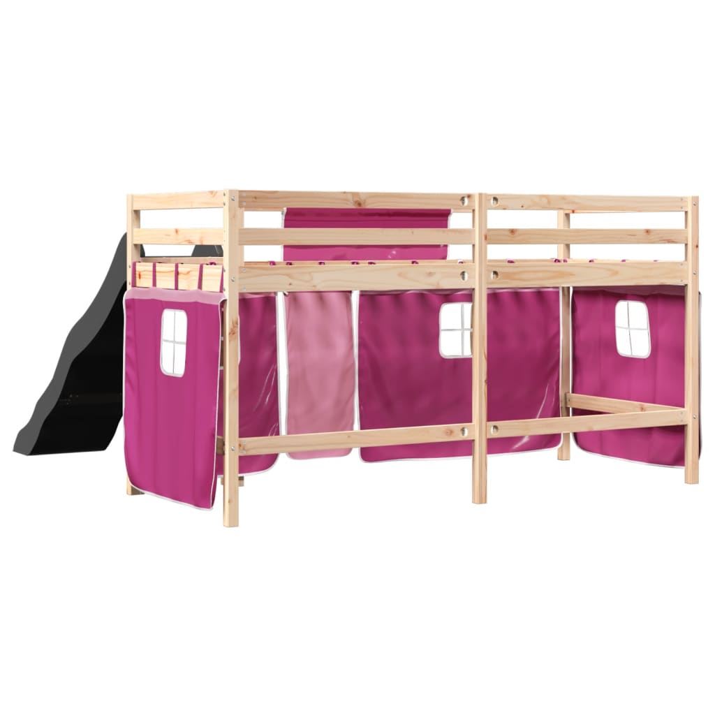 Kinderhoogslaper met gordijnen 90x200 cm grenenhout roze