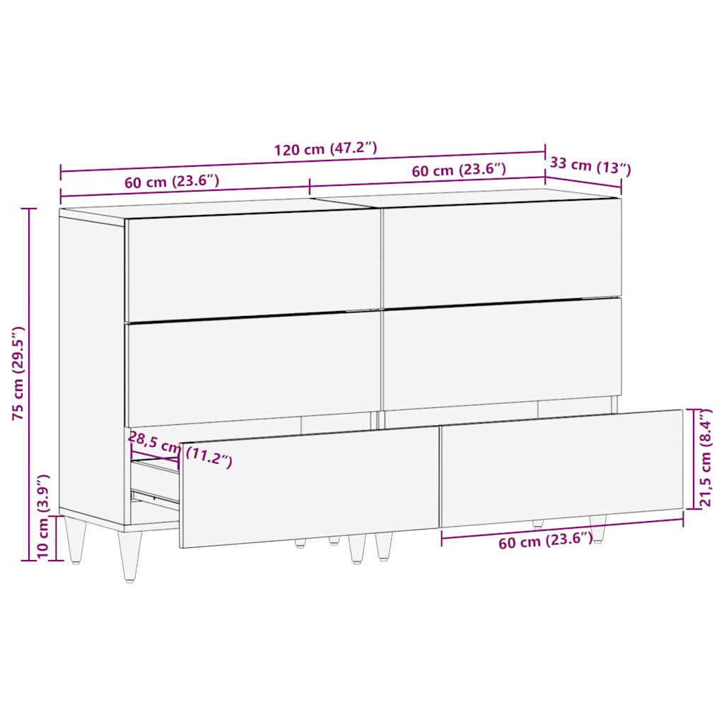 Dressoirs 2 st 60x33,5x75 cm massief mango lichtgrijs