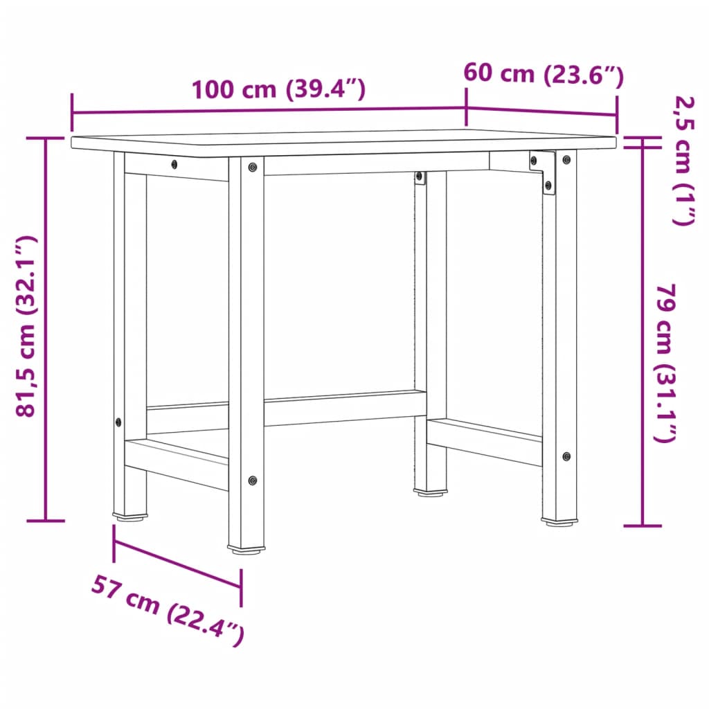 Werkbank rechthoek 100x60x81,5 cm massief eikenhout donkerbruin