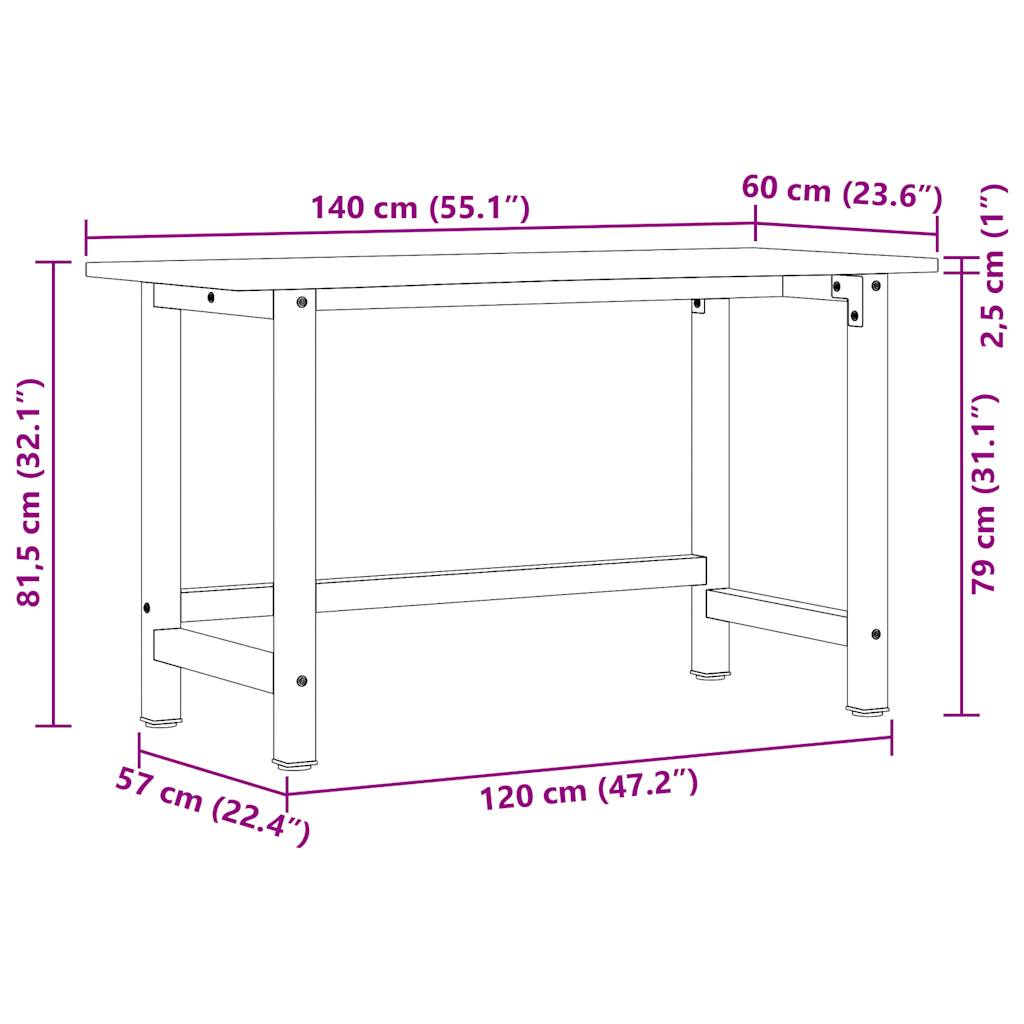 Werkbank 140x60x81,5 cm massief eikenhout