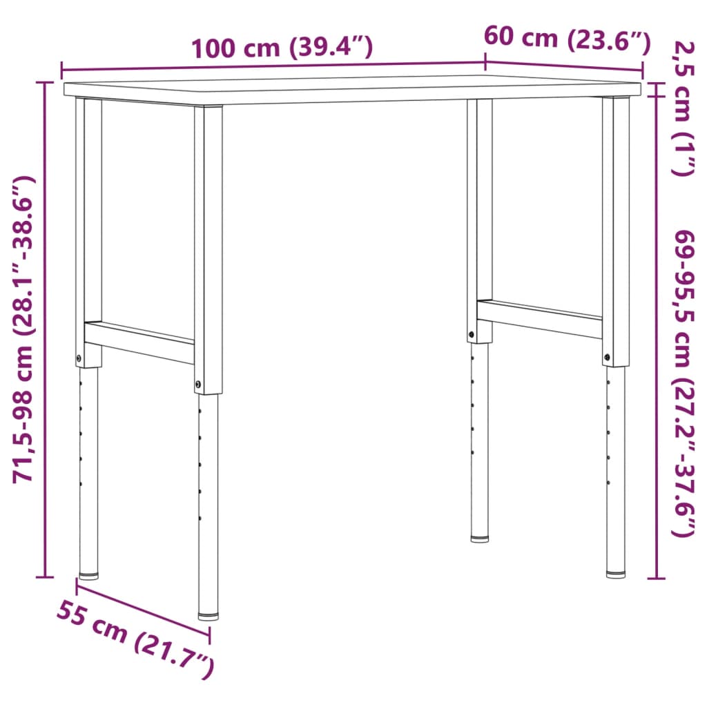 Werkbank rechthoek 100x60x(71,5-98) cm eikenhout lichtbruin