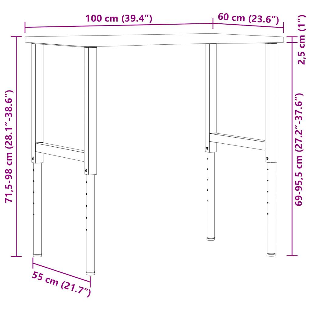 Werkbank 100x60x(71,5-98) cm massief eikenhout