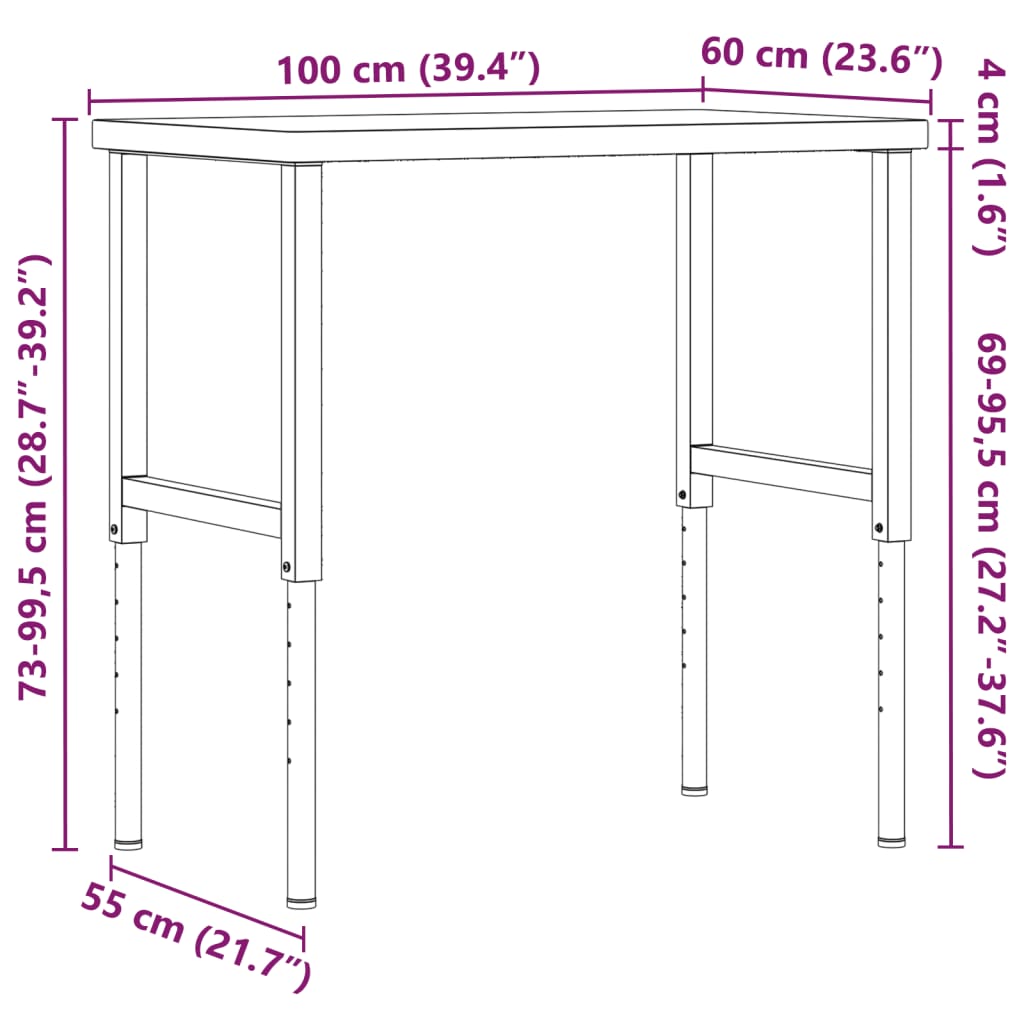 Werkbank rechthoekig 100x60x(73-99,5) cm massief acaciahout