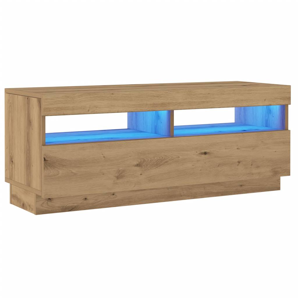 Tv-meubel met LED 100x35x40 cm bewerkt hout artisanaal eiken