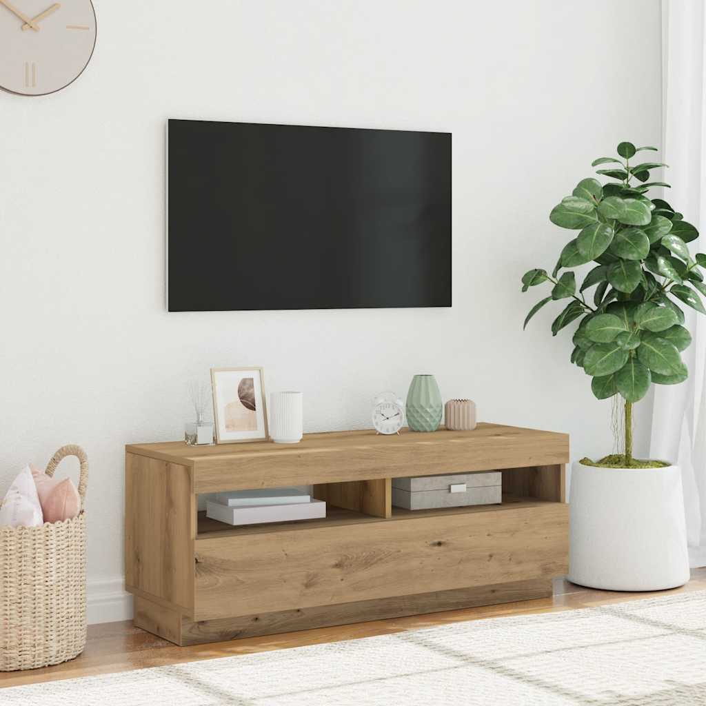 Tv-meubel met LED 100x35x40 cm bewerkt hout artisanaal eiken