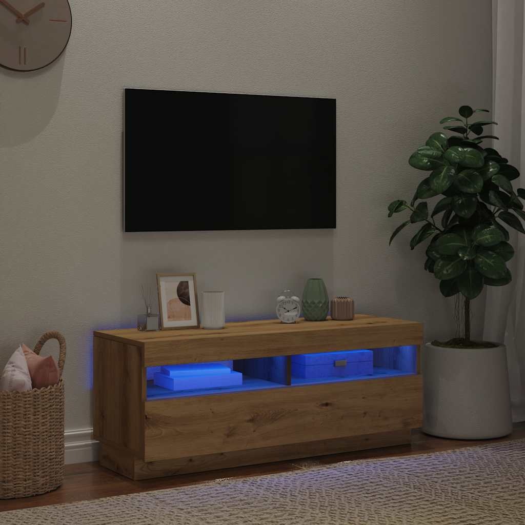 Tv-meubel met LED 100x35x40 cm bewerkt hout artisanaal eiken