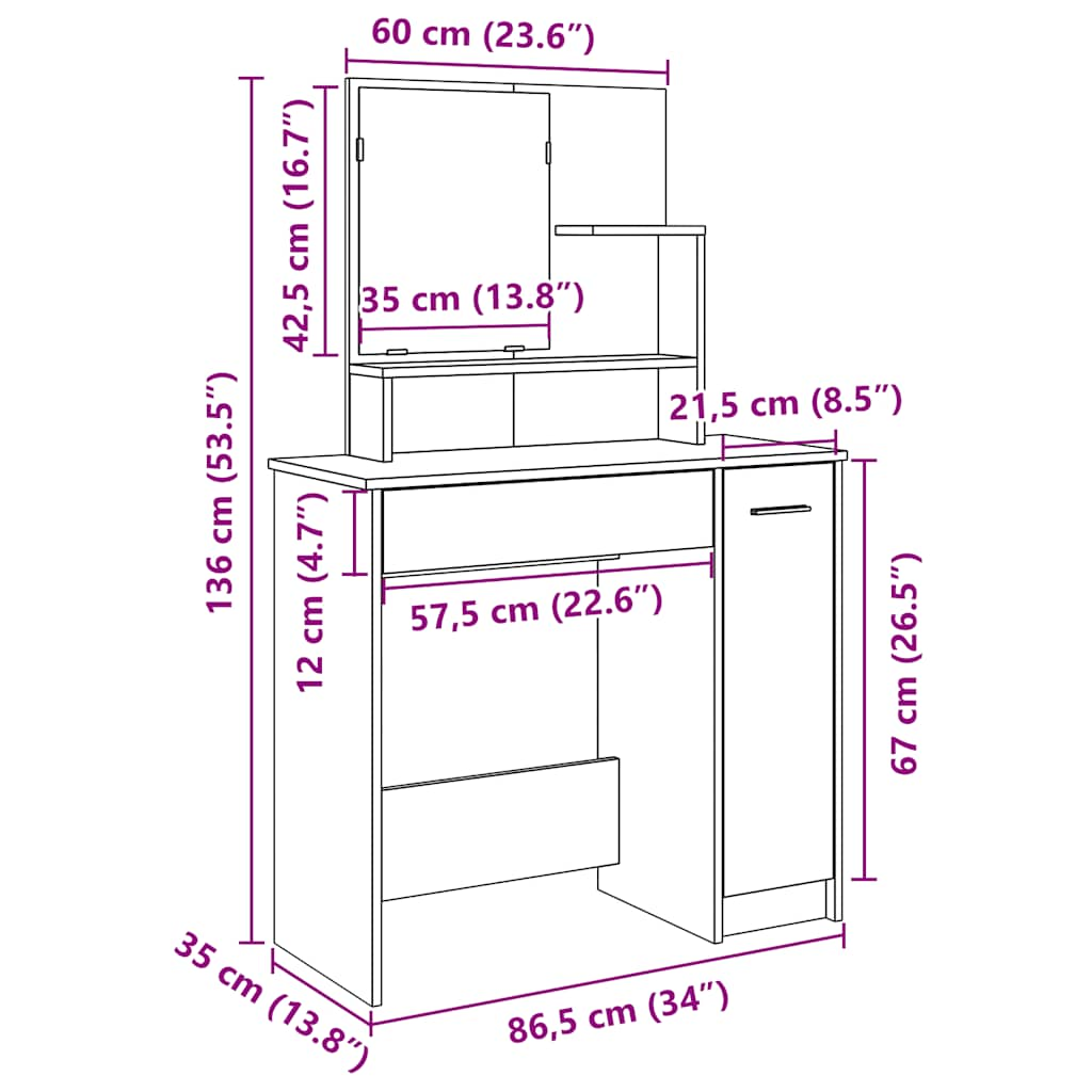 Kaptafel met spiegel 86,5x35x136 cm artisanaal eikenkleur