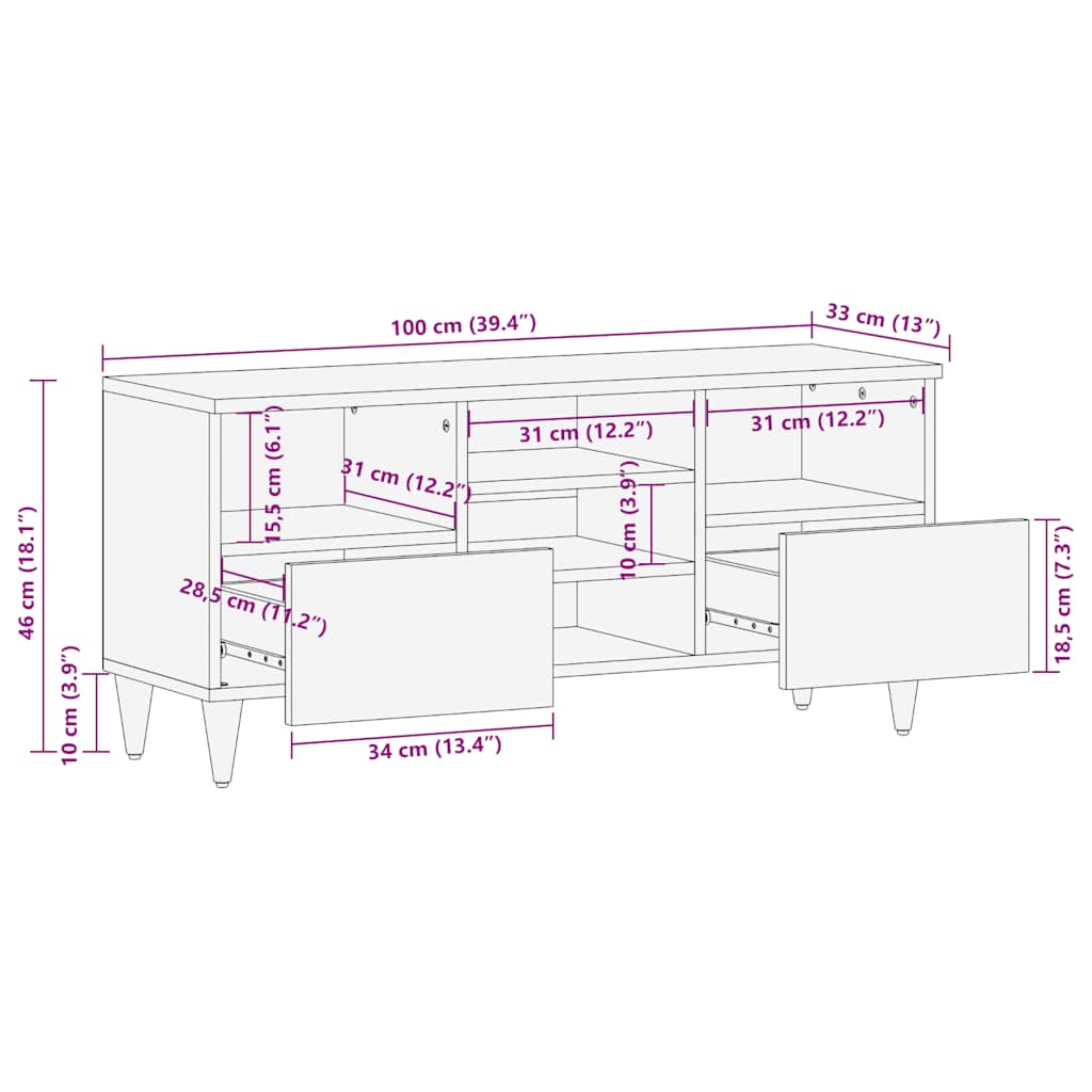 Tv-meubel 100x33x46 cm massief mangohout zwart