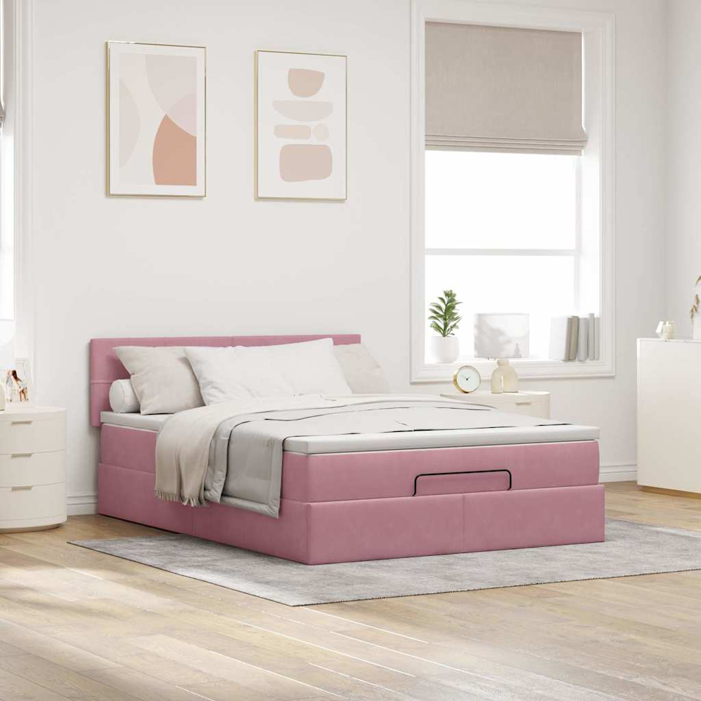 Ottoman bed met matras 140x200cm fluweel roze