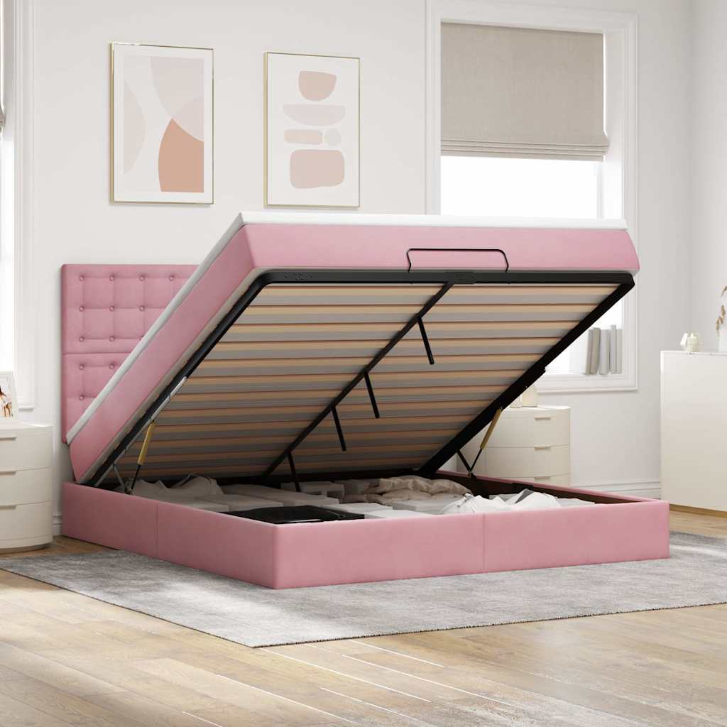 Ottoman Bed Met Matrassen En Led's 160X200Cm Fluweel 160 x 200 cm Roze