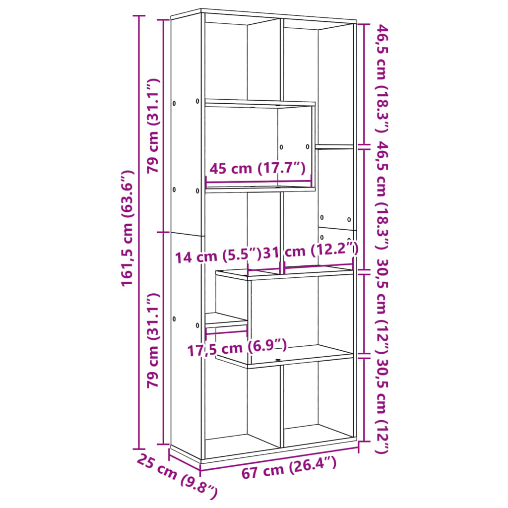 Kamerscherm / boekenkast 67x25x161,5 cm bewerkt hout wit