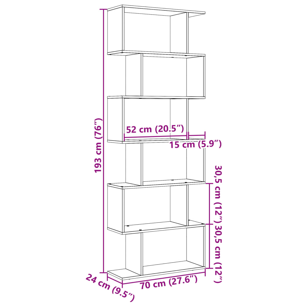 Kamerscherm / boekenkast 6-laags 70x24x193 cm bewerkt hout wit