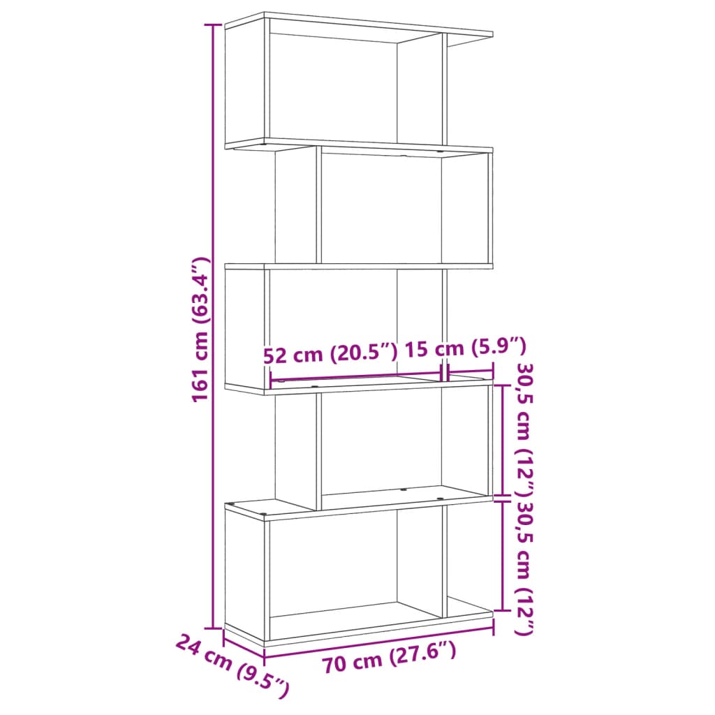 Kamerscherm / boekenkast 5-laags 70x24x161 cm bewerkt hout wit