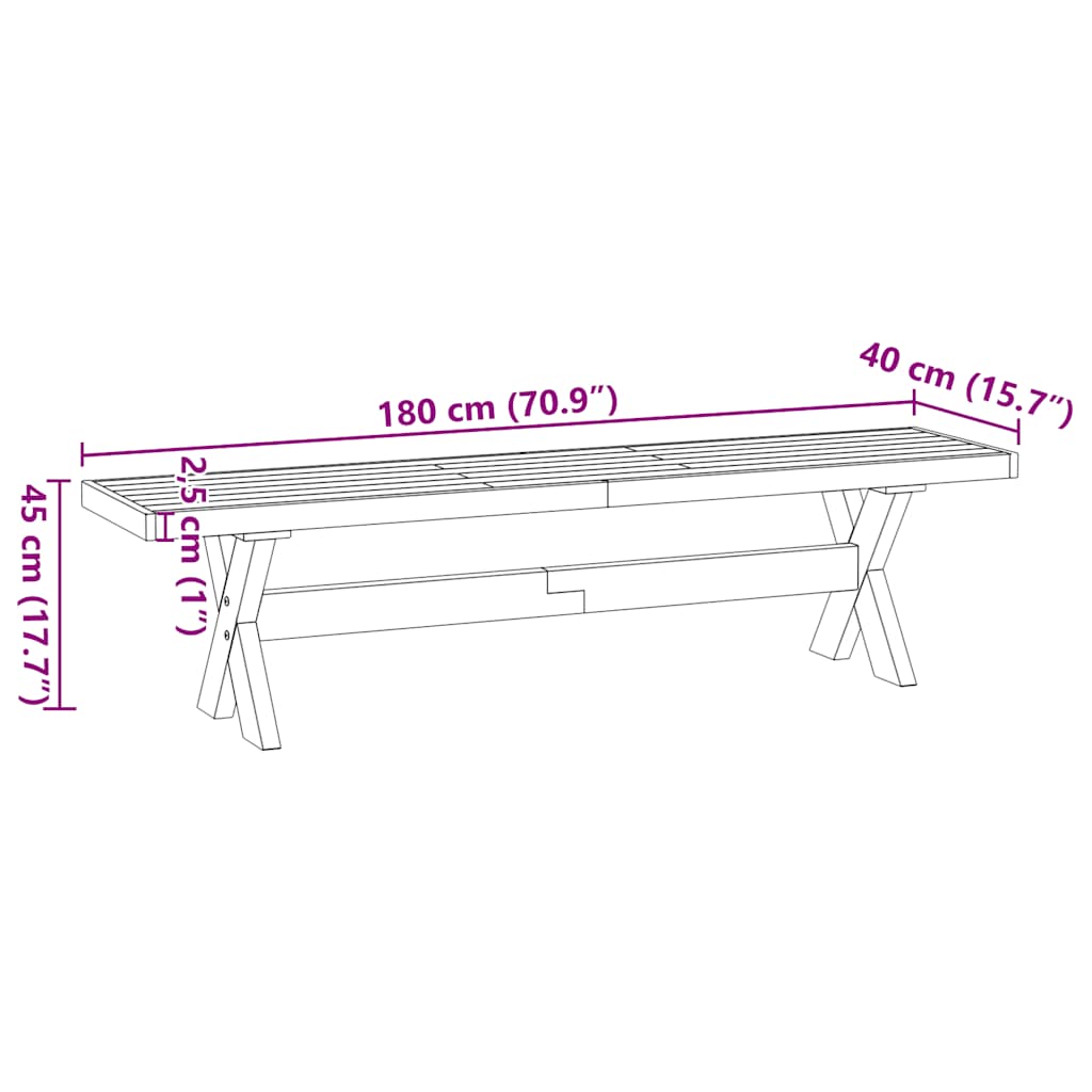 Eetbank NOAIN X-vormige poten 180x40x45 cm massief hout