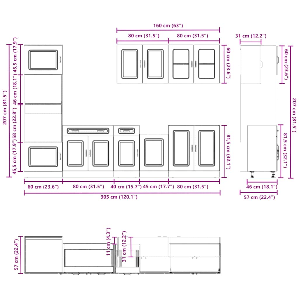 7-delige Keukenkastenset Kalmar bewerkt hout oud houtkleurig