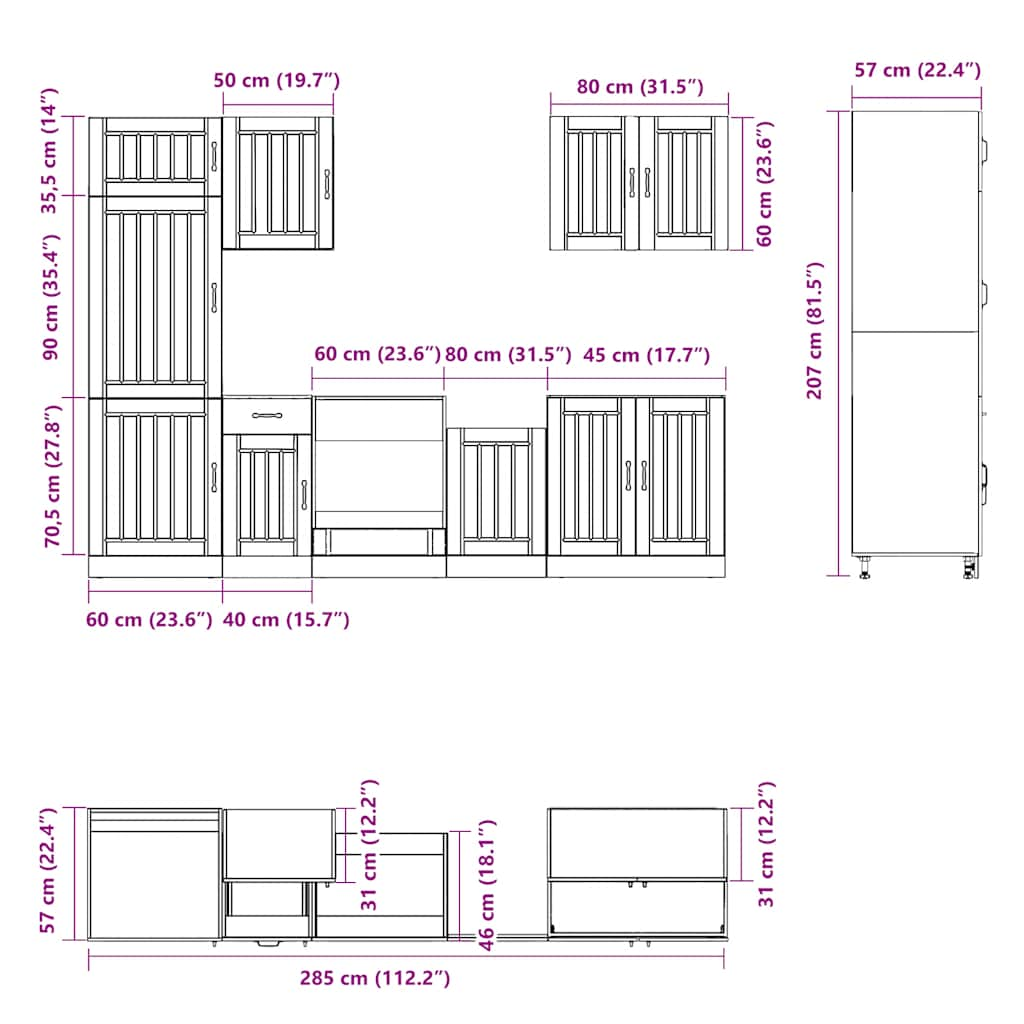 7-delige Keukenkastenset Kalmar bewerkt hout oud houtkleurig