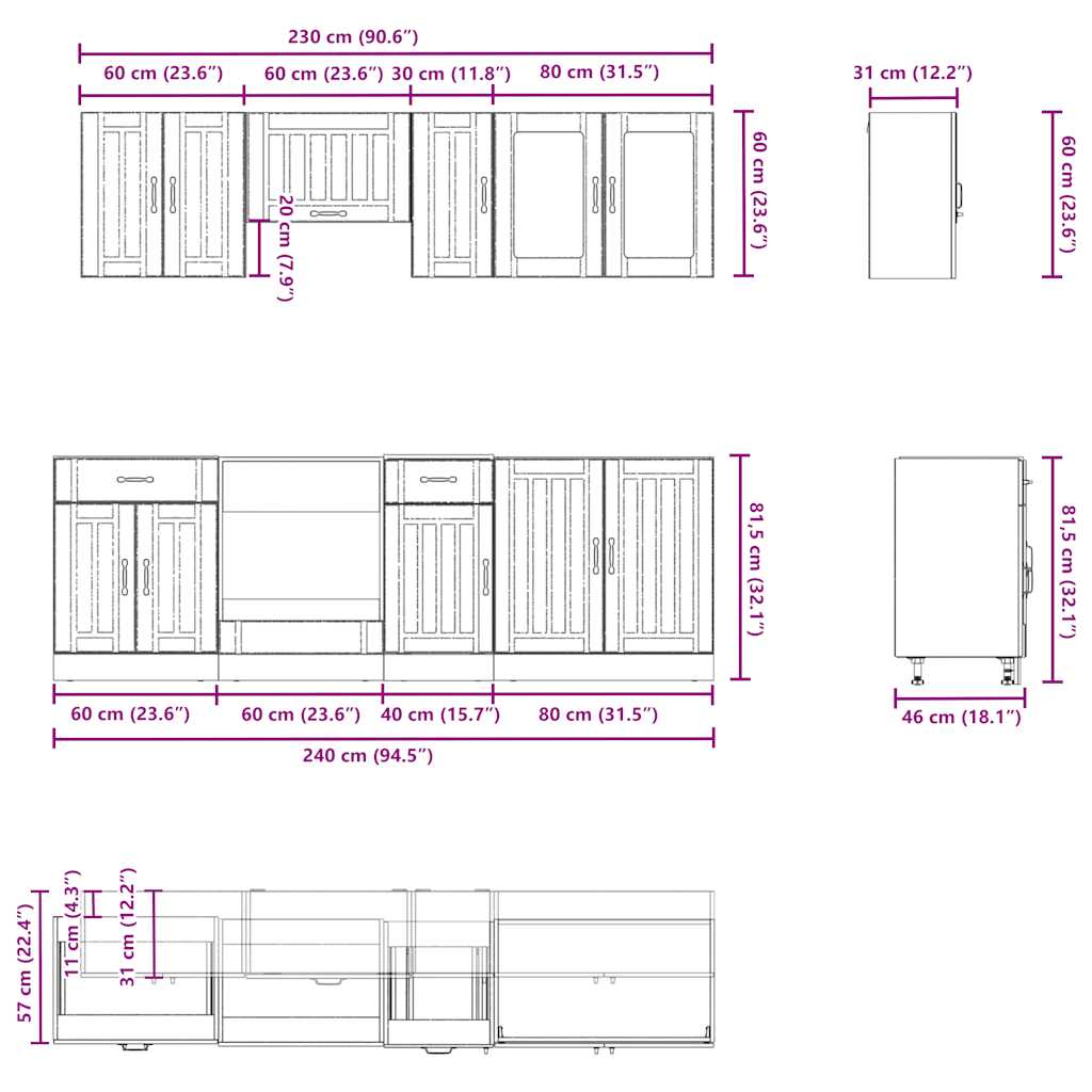 8-delige Keukenkastenset Kalmar bewerkt hout oud houtkleurig