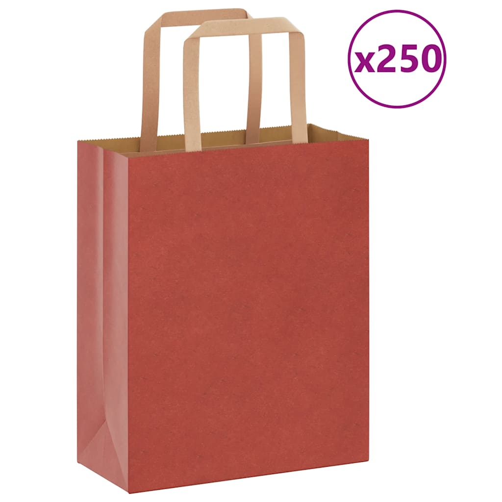 Papieren kraftzakken 250 st met hengsels 18x8x22 cm rood