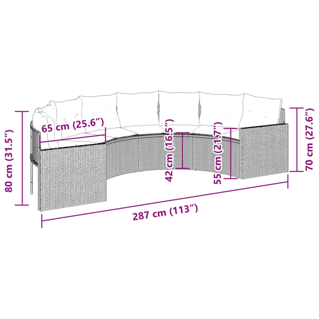 Tuinbank met kussens halfrond poly rattan zwart