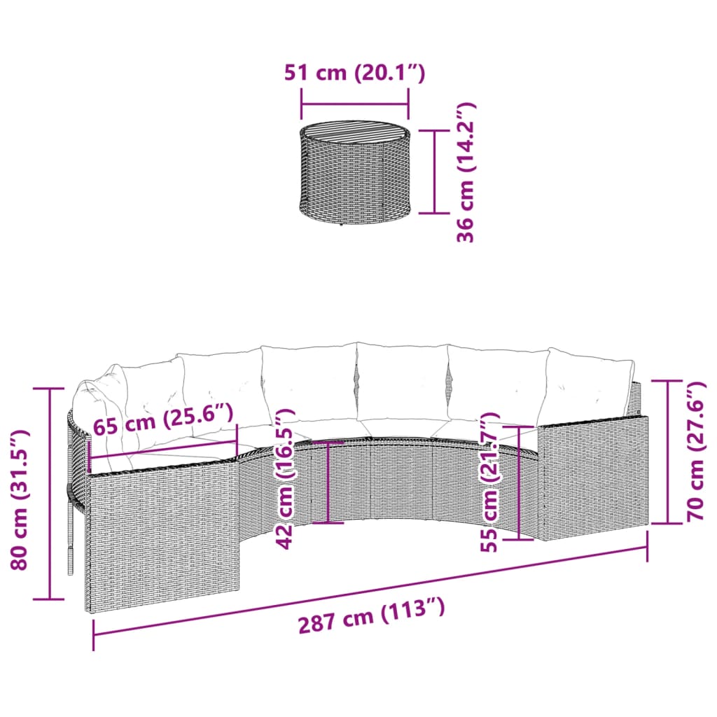 Tuinbank met tafel en kussens halfrond poly rattan zwart