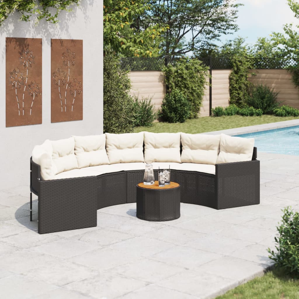 Tuinbank met tafel en kussens halfrond poly rattan zwart