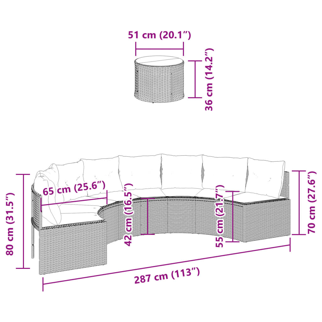 Tuinbank met tafel en kussens halfrond poly rattan grijs