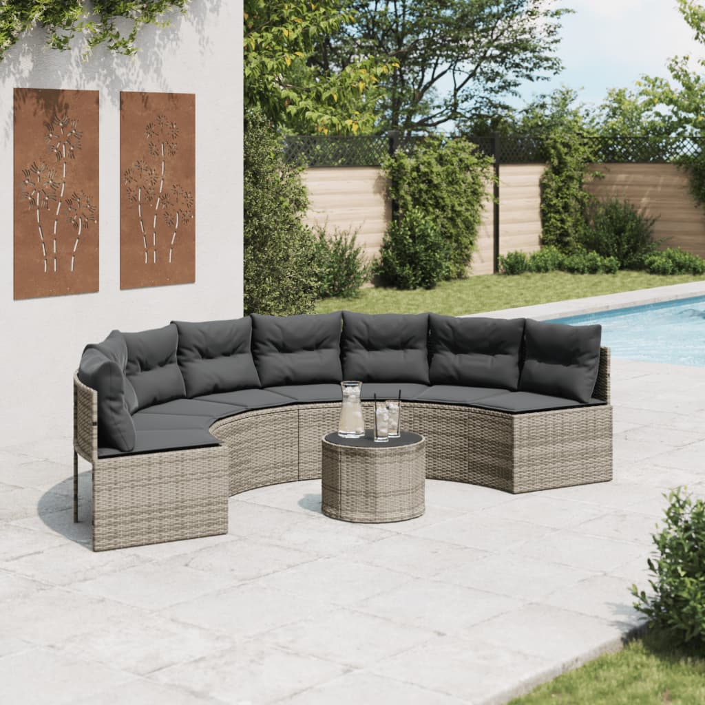 Tuinbank met tafel en kussens halfrond poly rattan grijs