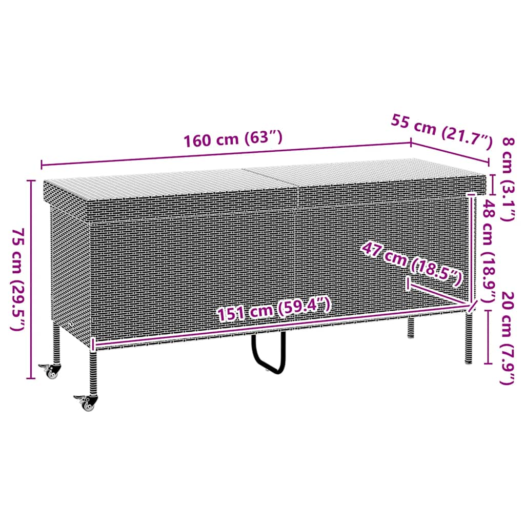 Tuinbox met wielen 160x55x75 cm poly rattan zwart