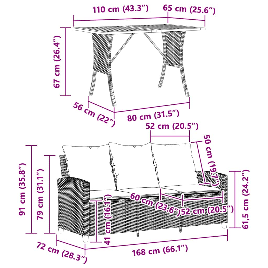 Tuinbank 3-zits met kussens & tafel poly rattan beige