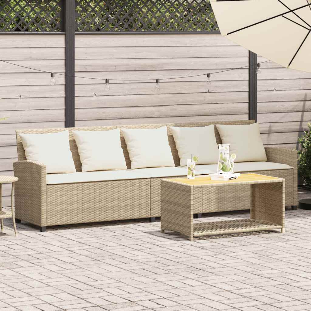 Tuinbank 5-zits met kussens poly rattan beige