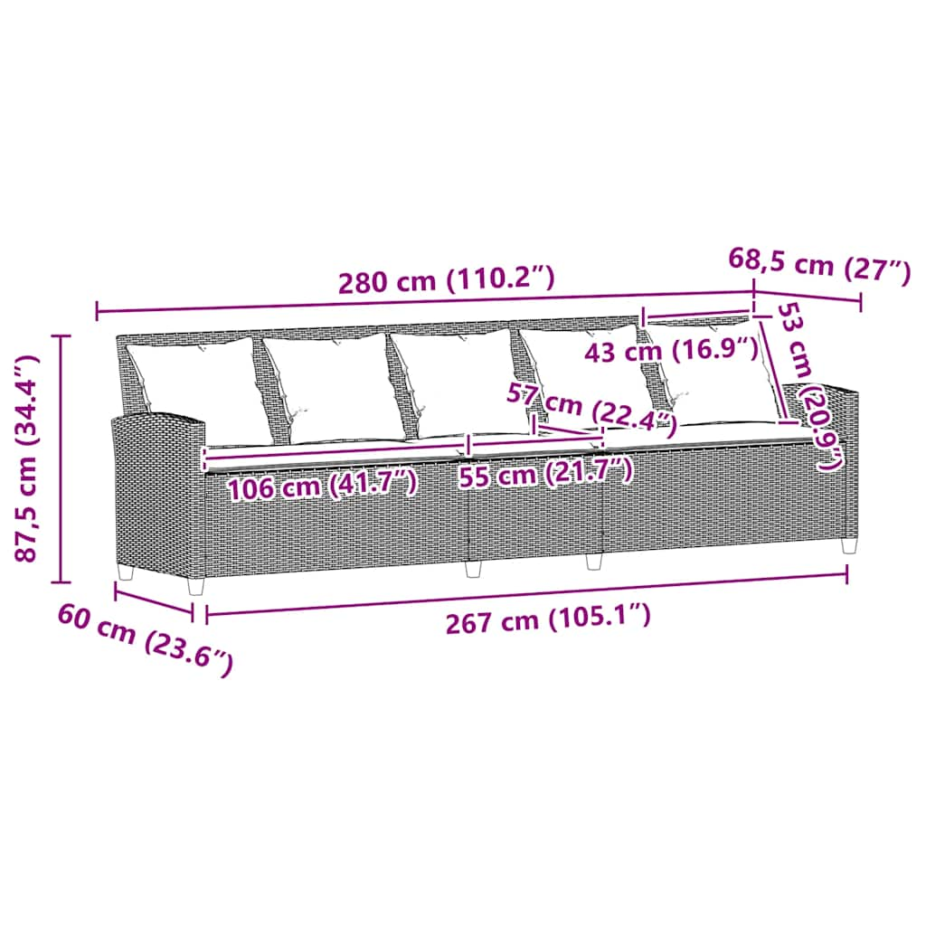 Tuinbank 5-zits met kussens poly rattan bruin