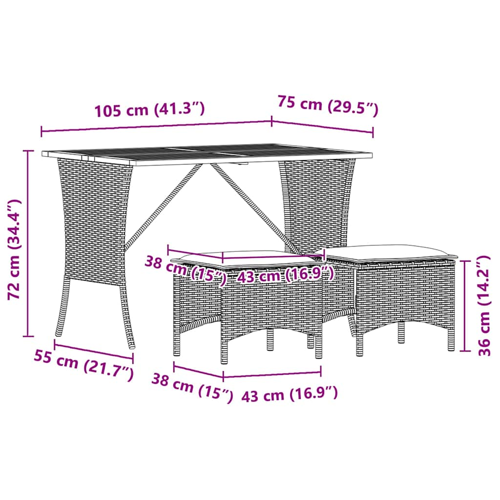 3-delige Tuinset met kussens poly rattan zwart