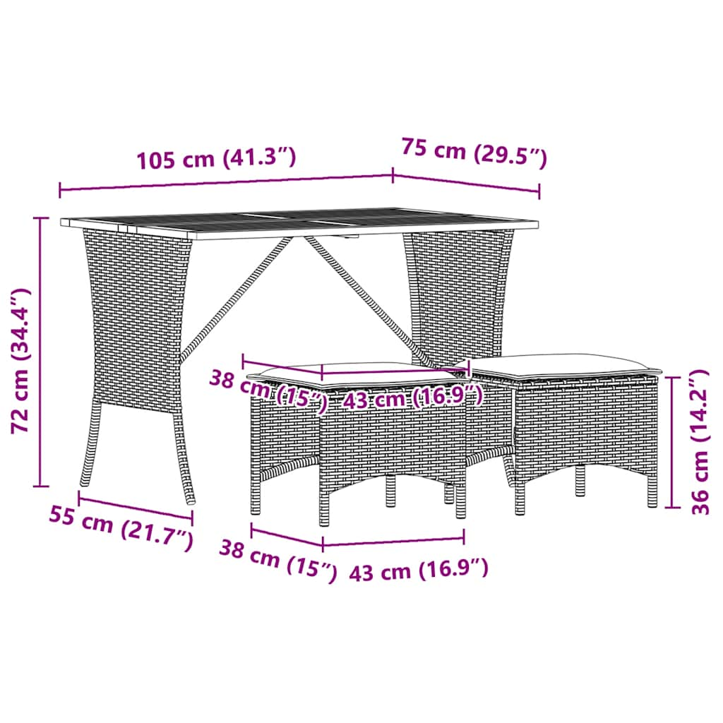 3-delige Tuinset met kussens poly rattan beige