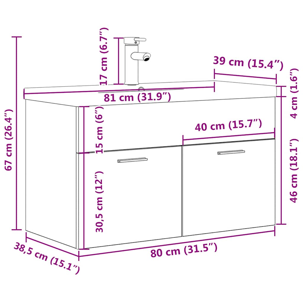 Wastafelmeubel met inbouwwastafel en kraan Sonoma eikenhout