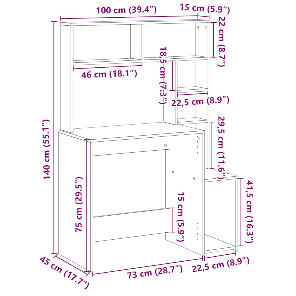 Bureau met schappen 100x45x140 cm bewerkt hout zwart