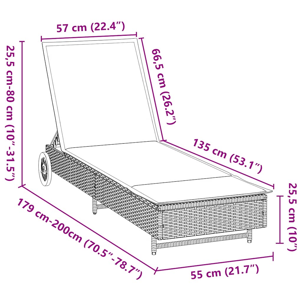 Ligbed met wielen en kussen poly rattan zwart